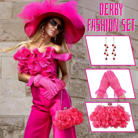 Complete Floral Gift Set: Rose Clutch, Lace Gloves & Dangle Earrings for Parties - Picture 5 of 7